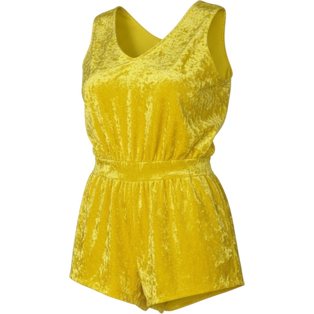 Vintage 80s Yellow Crushed Velvet Romper Sleeveless V-Neck Handmade Kidcore S